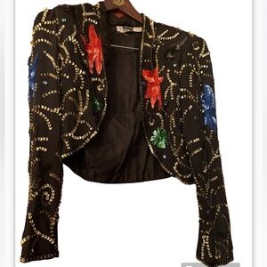 Vtg CARINA Open Front 100% Silk Sz M Crop Sequins Jacket